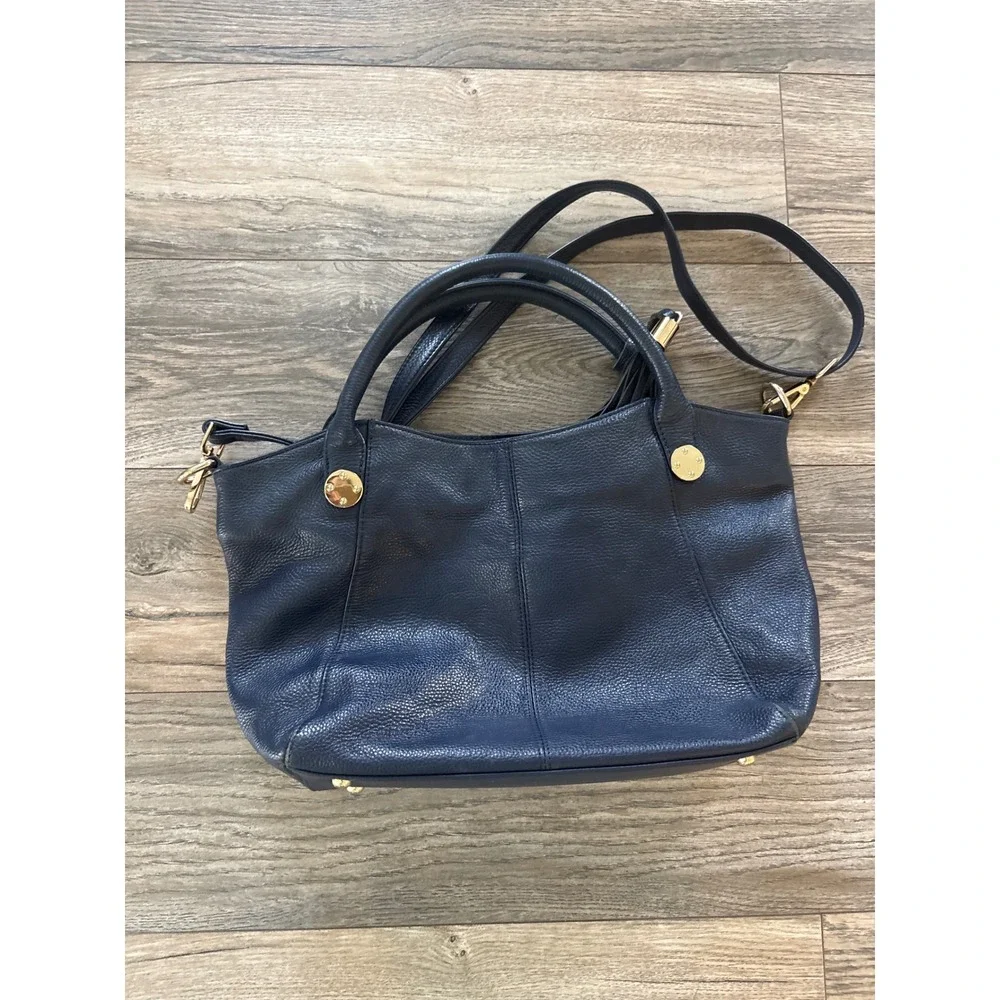 Donna Elissa Navy Blue Pebbled Leather Satchel Crossbody Bag Gold Hardware